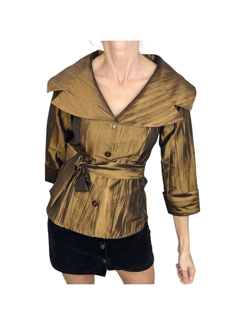 PULI copper brown iridescent statement collar belted jacket top blouse 4